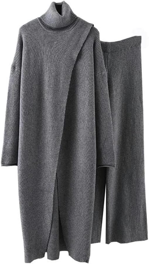 Split Long High Neck Sweaters with Wide Leg Pants 2 Pieces Knitted Thickened Sets Female Clothing Autumn - Image 4
