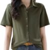 Turn-Down Collar Solid Color Short Sleeve Button Up Women's Clothing Cardigan Shirt Casual Fashionable Tops
