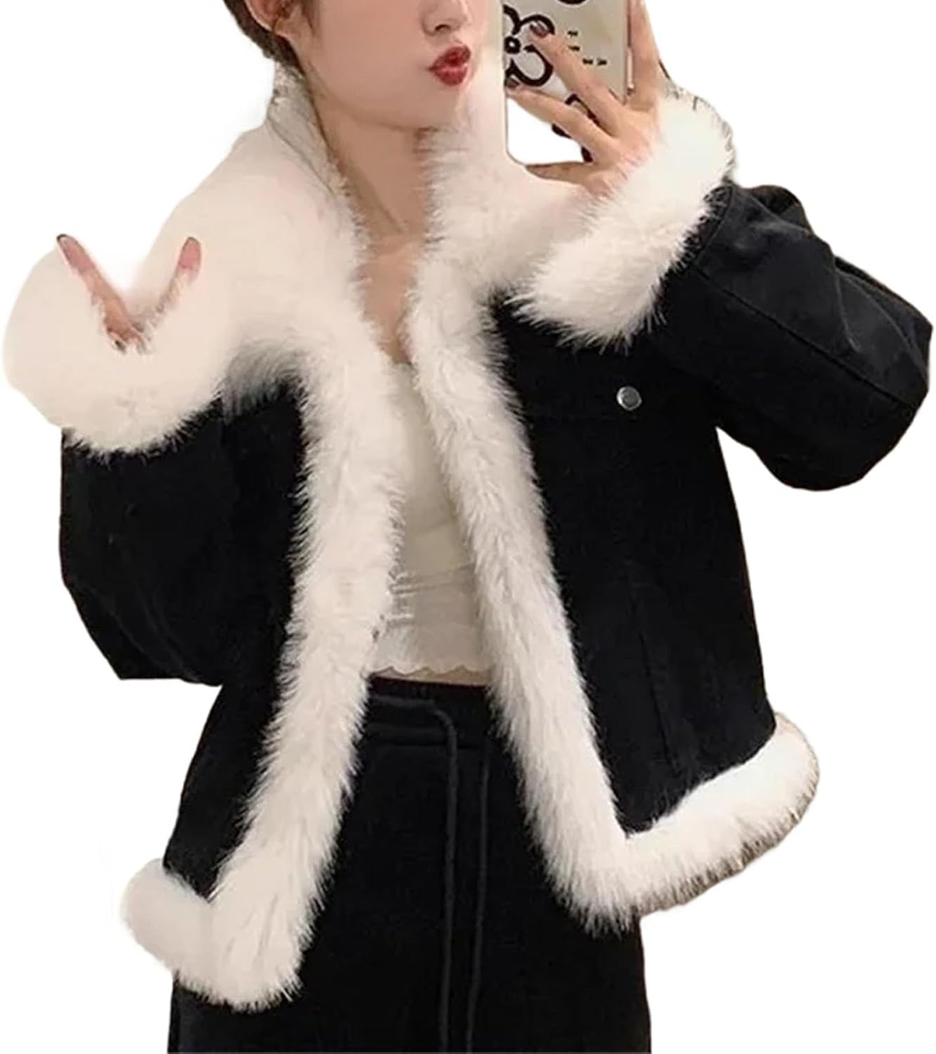 Version Denim Cotton Jacket With Large Woolen Collar Loose Fashionable Short Thick Cotton Clothing Jacket For women