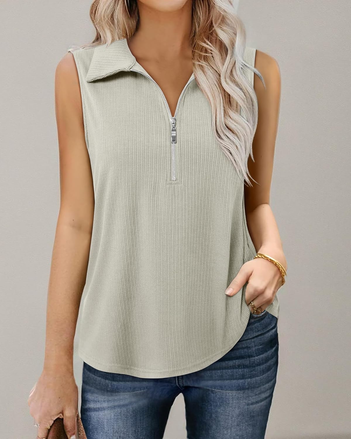 Vivilli Womens Ribbed Tank Top Zipper V Neck Dressy Casual Blouses Sleeveless Camisole Tops Work Tank Polo Shirts - Image 6