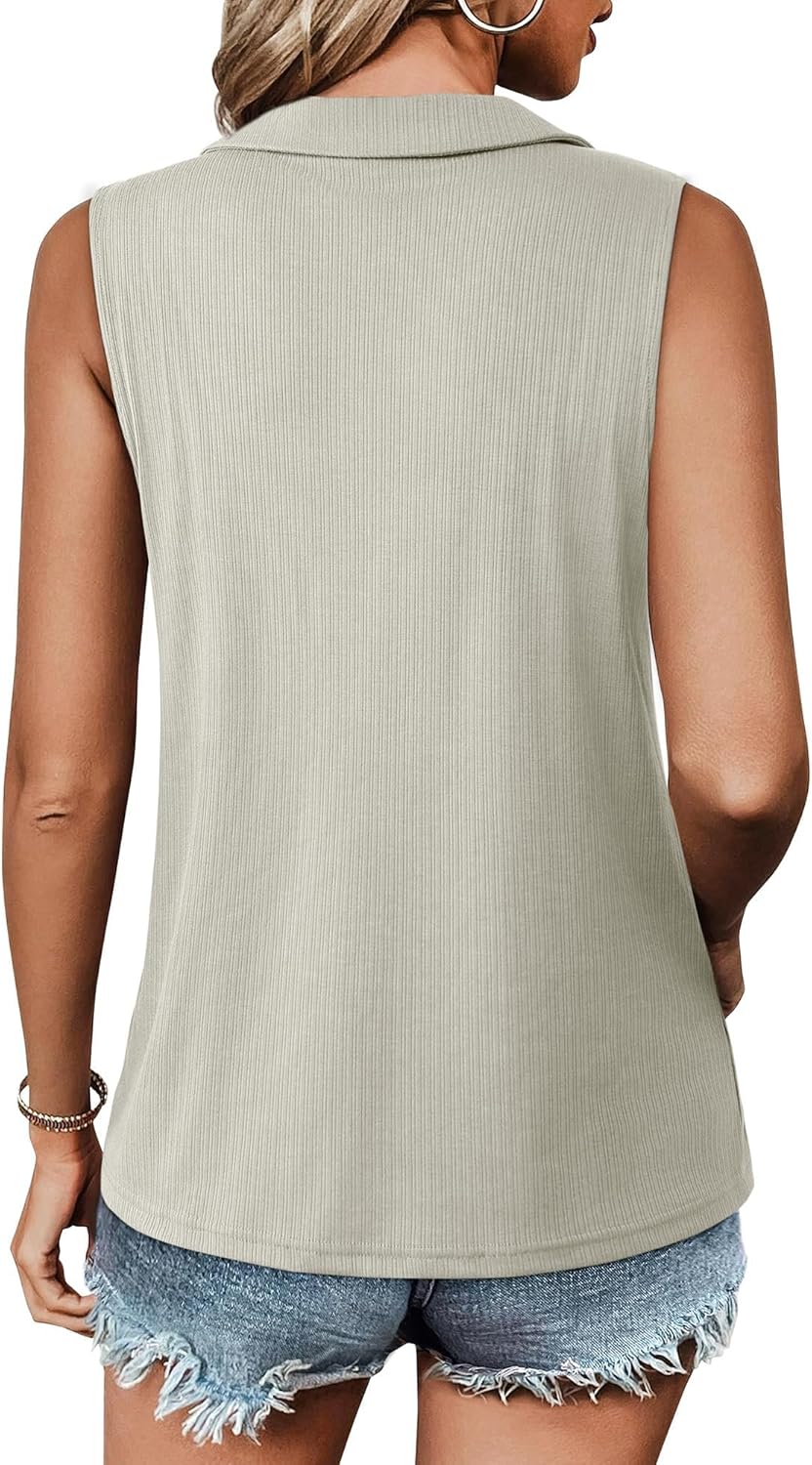 Vivilli Womens Ribbed Tank Top Zipper V Neck Dressy Casual Blouses Sleeveless Camisole Tops Work Tank Polo Shirts - Image 4