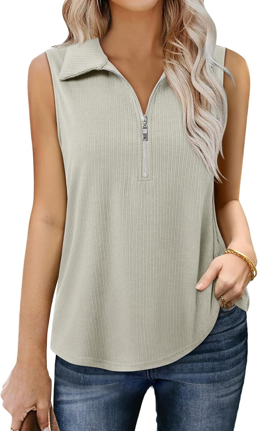 Vivilli Womens Ribbed Tank Top Zipper V Neck Dressy Casual Blouses Sleeveless Camisole Tops Work Tank Polo Shirts - Image 3