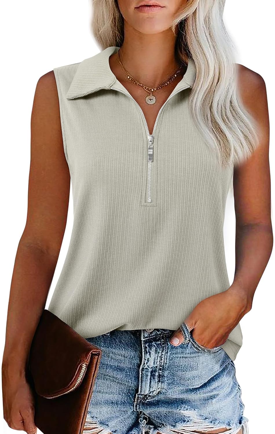 Vivilli Womens Ribbed Tank Top Zipper V Neck Dressy Casual Blouses Sleeveless Camisole Tops Work Tank Polo Shirts - Image 2