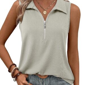 Vivilli Womens Ribbed Tank Top Zipper V Neck Dressy Casual Blouses Sleeveless Camisole Tops Work Tank Polo Shirts