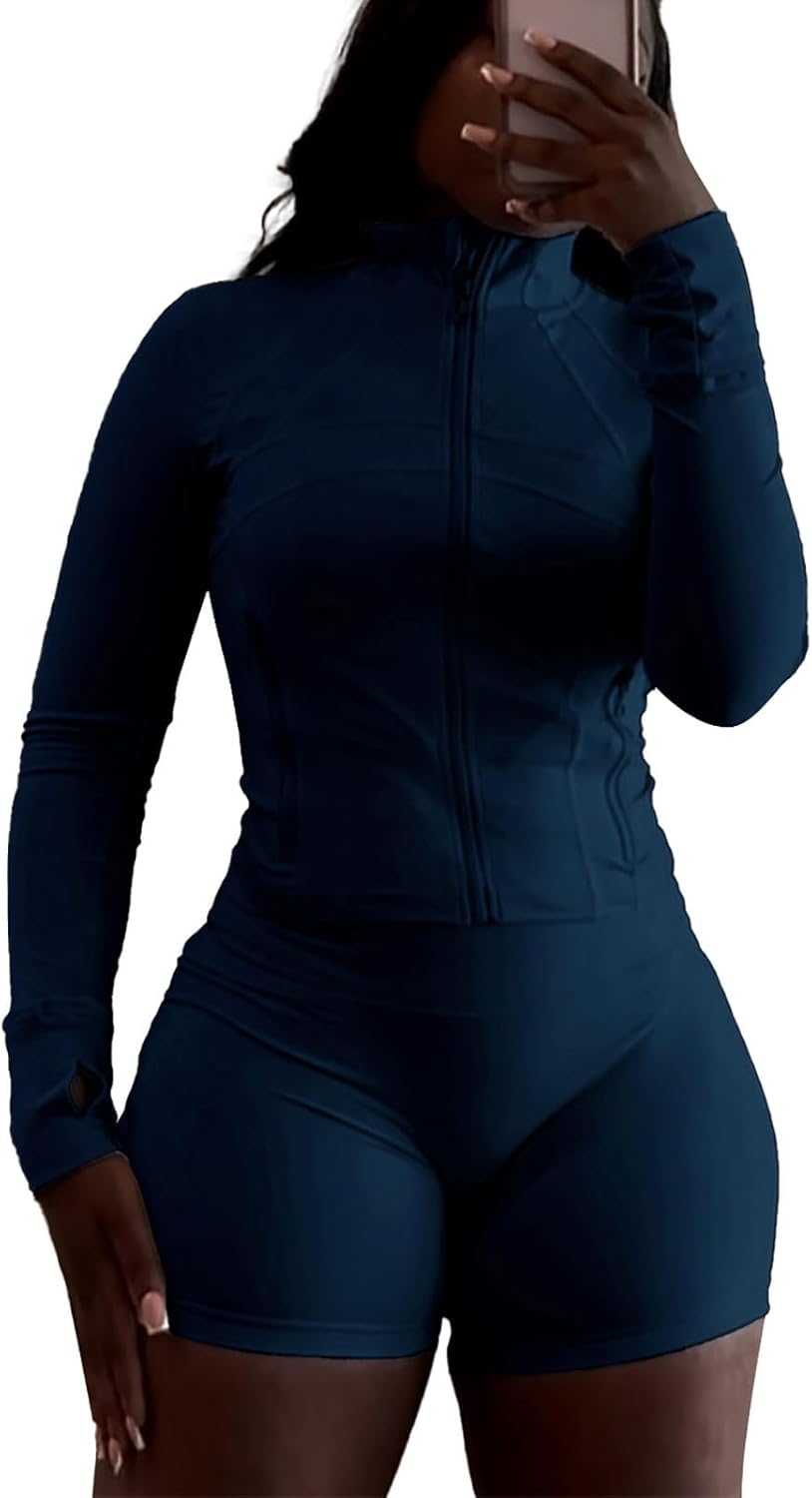 Vssjavun Women 2 Piece Outfits Sweatsuit Sets Long Sleeve Full Zip Workout Jacket Bodycon Shorts Set Tracksuit Loungewear - Image 16