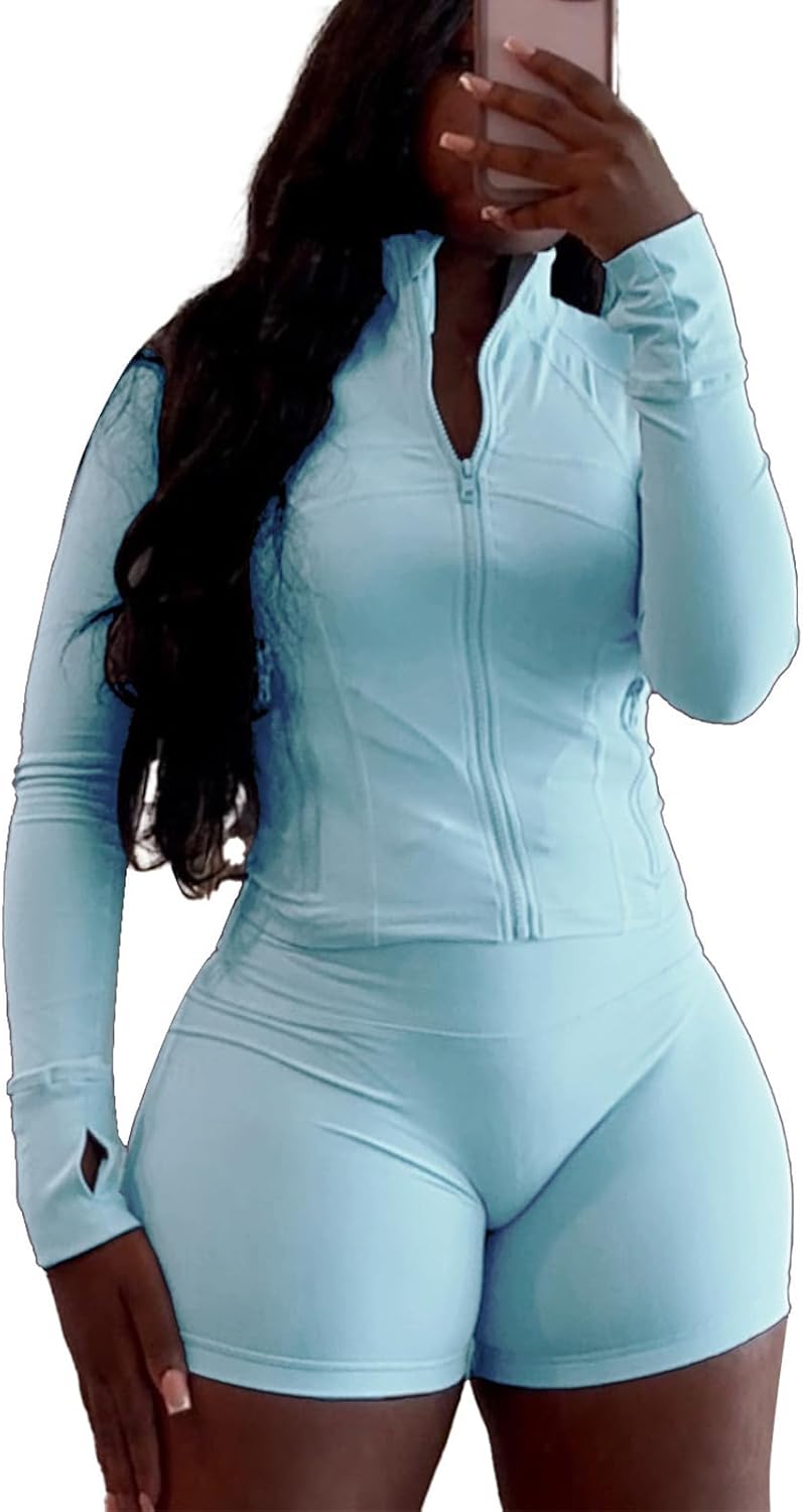 Vssjavun Women 2 Piece Outfits Sweatsuit Sets Long Sleeve Full Zip Workout Jacket Bodycon Shorts Set Tracksuit Loungewear - Image 10