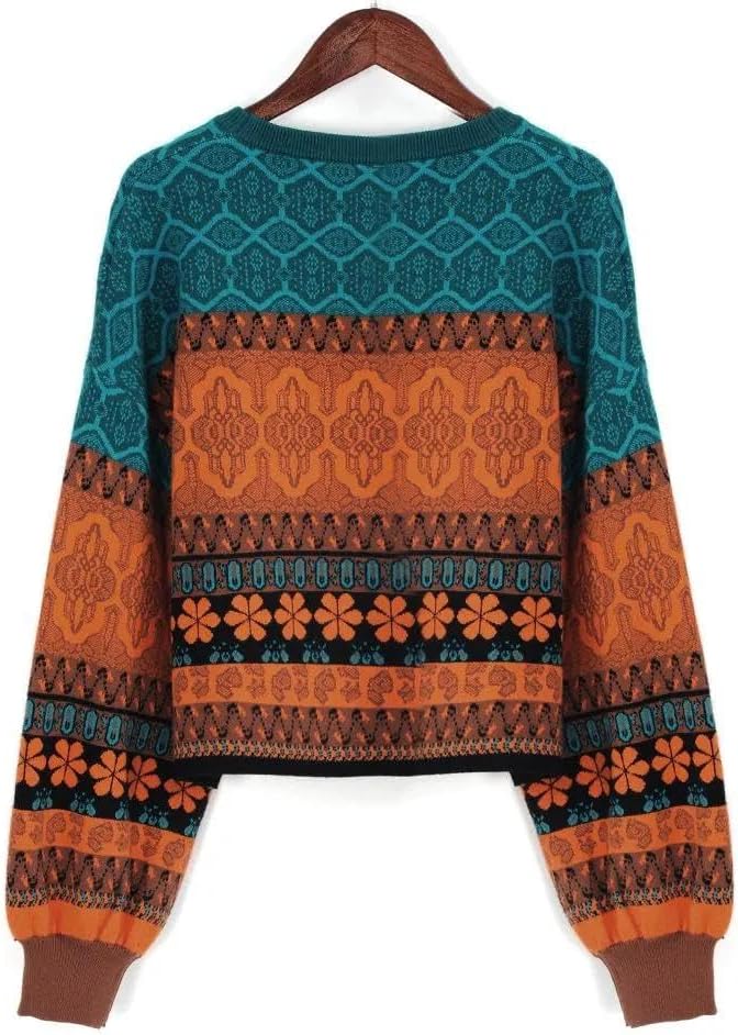 Woman Short Sweater Retro Chic Color Winter Young Girls Warm Clothing Pattern Pullover Women - Image 3