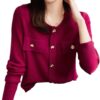 Women Fashion Button Solid Color Knitting Women Clothes Elegant Sweater Cardigan Long Sleeve O-Neck Top