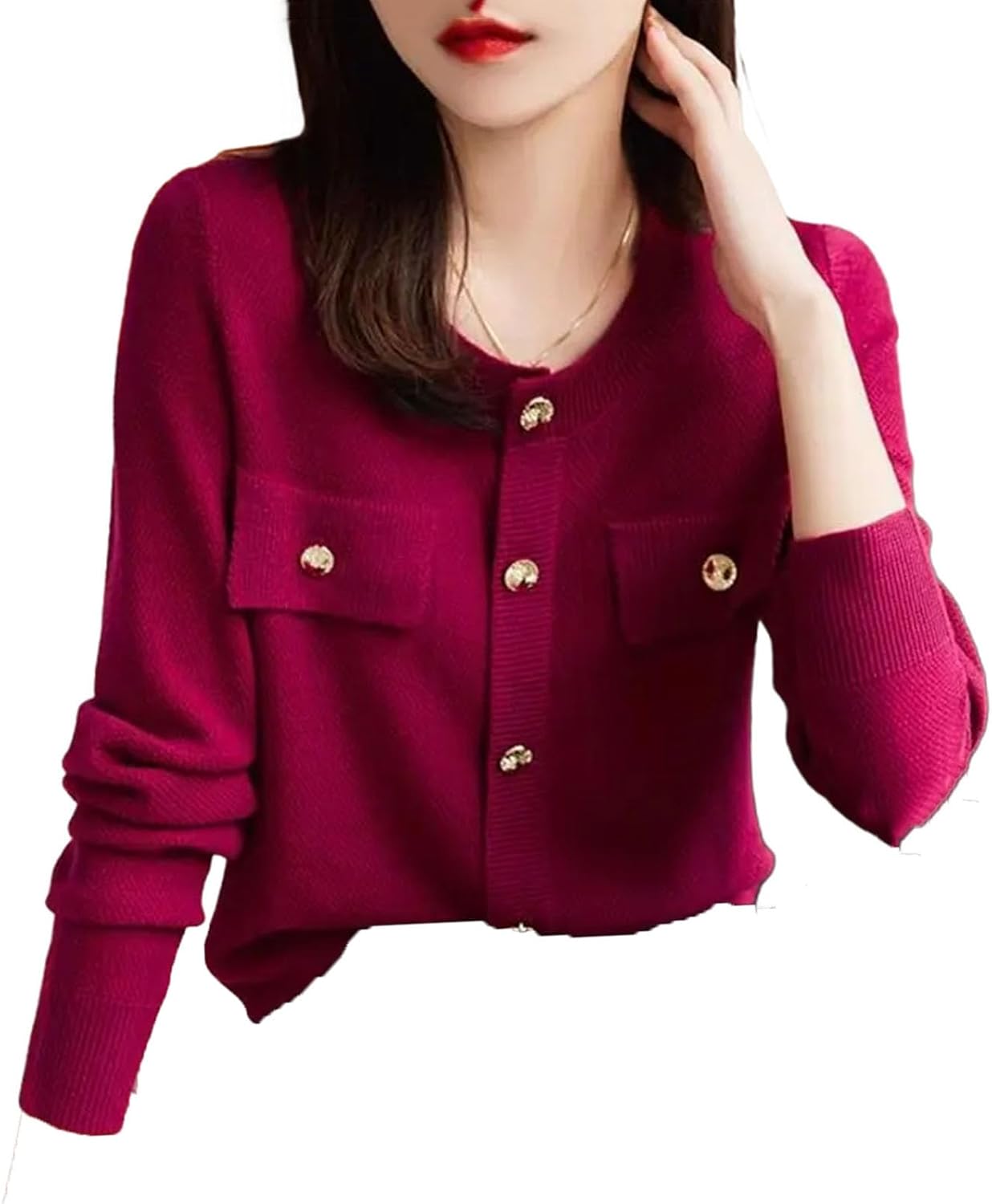 Women Fashion Button Solid Color Knitting Women Clothes Elegant Sweater Cardigan Long Sleeve O-Neck Top