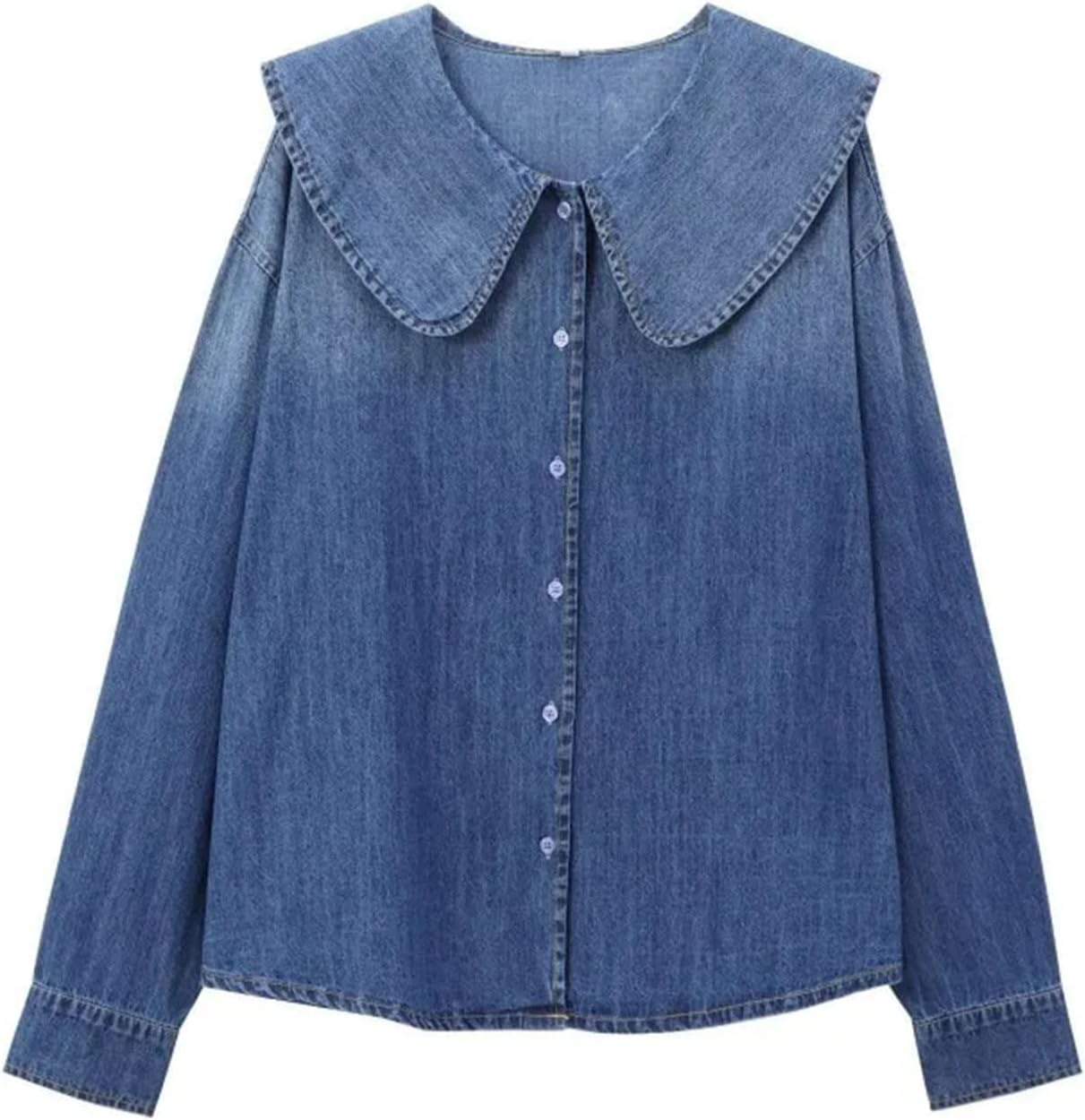 Women Fashion Casual Denim Shirt Chic Collar Three Quarter Button Top Blouses Female Clothing - Image 7