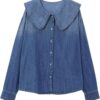 Women Fashion Casual Denim Shirt Chic Collar Three Quarter Button Top Blouses Female Clothing