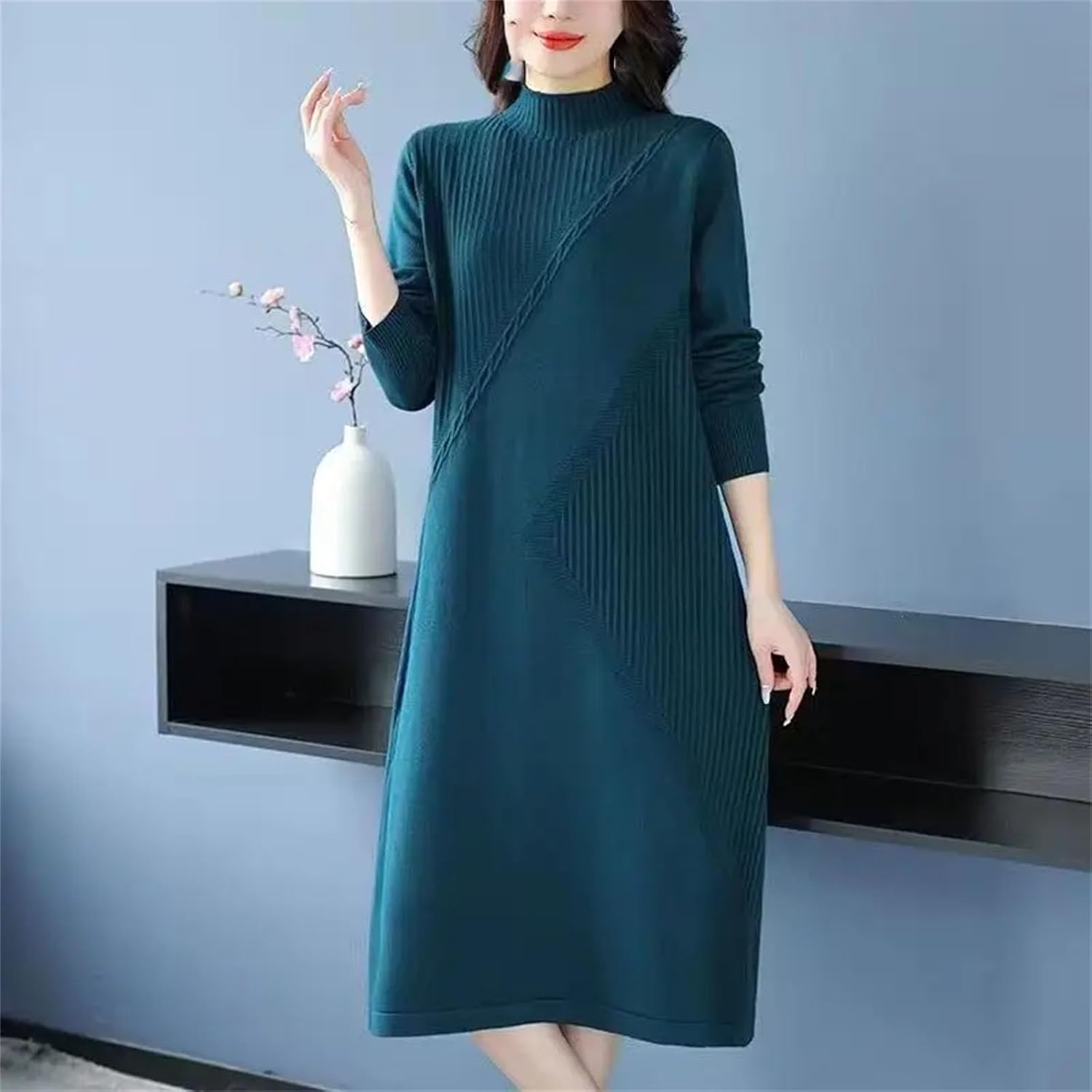 Women Fashion Patchwork Elegant Knit Dress Winter Clothes Half High Collar Slim Female Bottom Sweater Dresses - Image 2