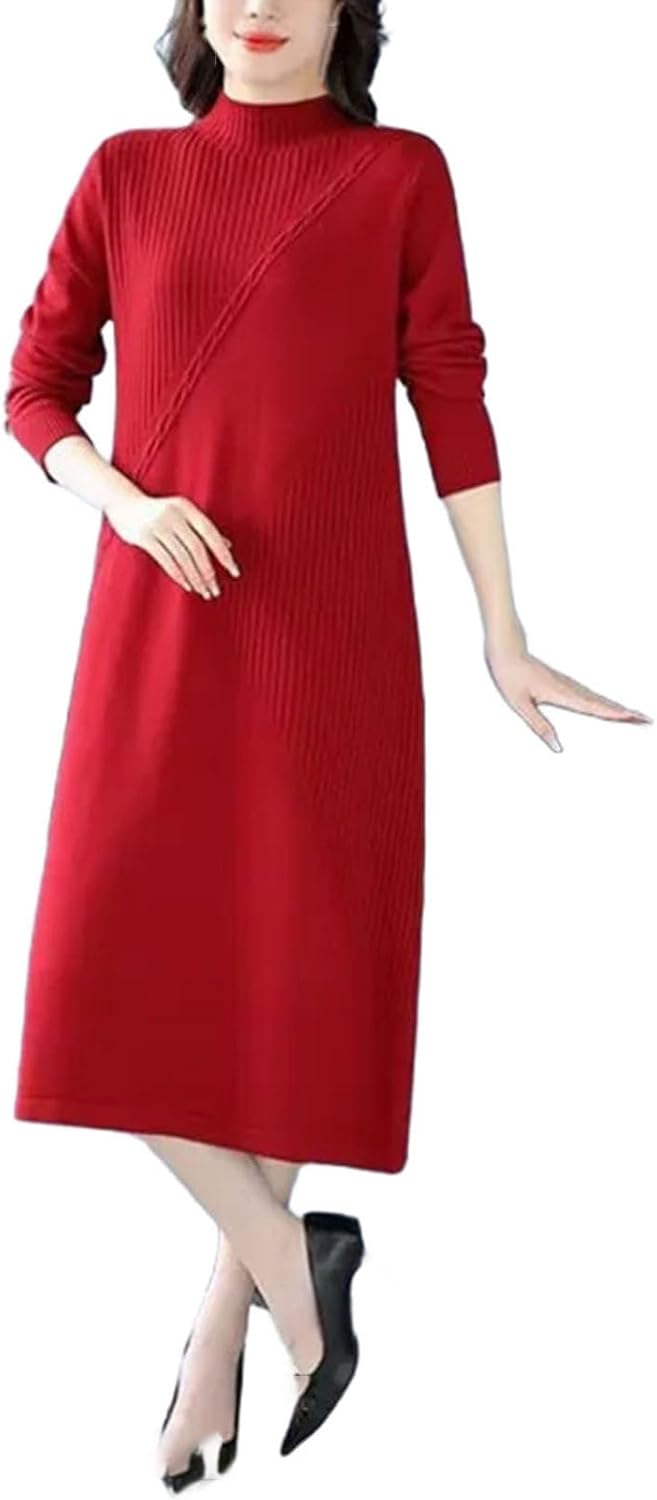 Women Fashion Patchwork Elegant Knit Dress Winter Clothes Half High Collar Slim Female Bottom Sweater Dresses - Image 9
