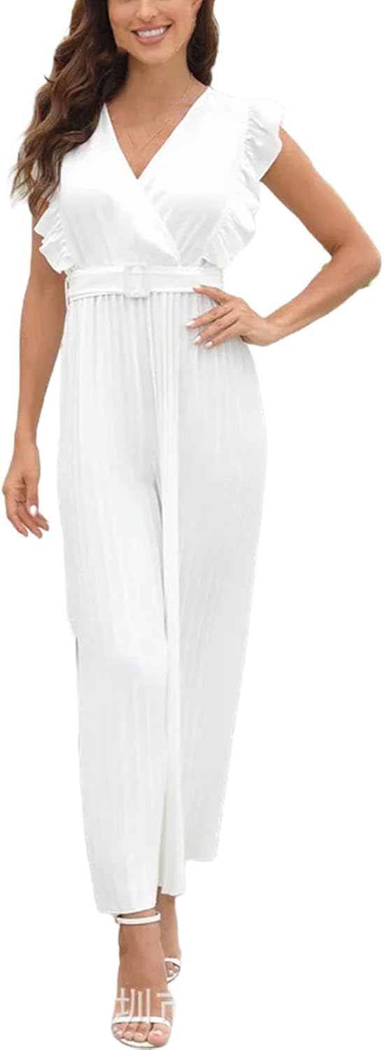 Women Jumpsuit Fashion V-neck Wide Leg Pants Solid Ruffles Sleeveless Clothing Jumpsuits - Image 10