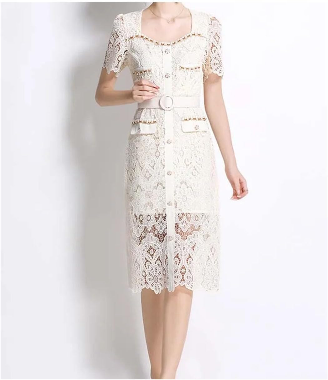 Women Nail Bead Studded Diamond Square Neck Slim Lace Dress Fashionable Spring Women's Clothing - Image 2