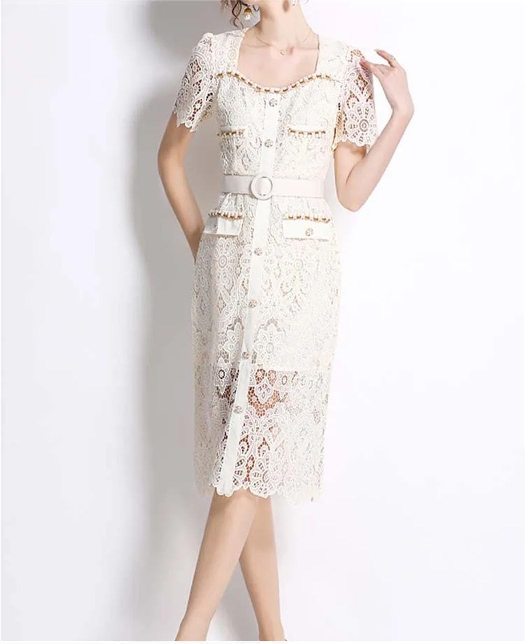 Women Nail Bead Studded Diamond Square Neck Slim Lace Dress Fashionable Spring Women's Clothing - Image 5