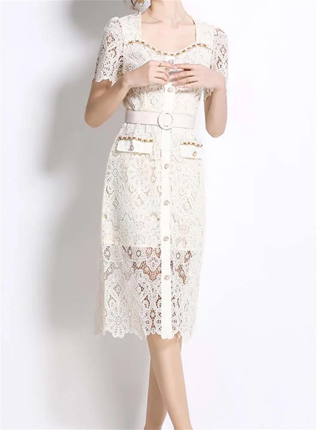 Women Nail Bead Studded Diamond Square Neck Slim Lace Dress Fashionable Spring Women's Clothing - Image 3