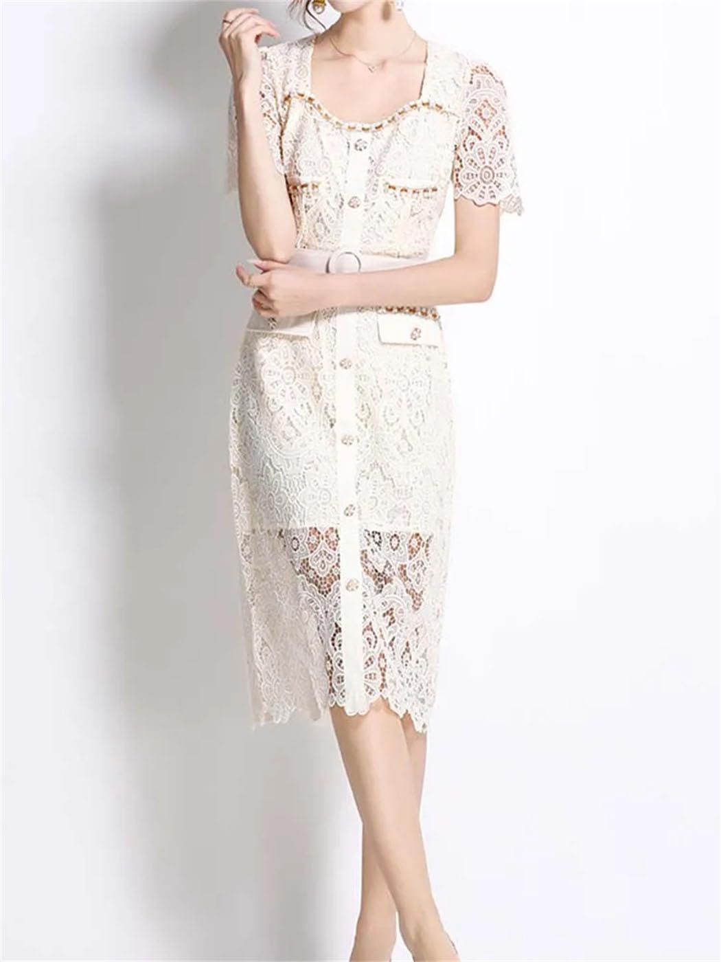 Women Nail Bead Studded Diamond Square Neck Slim Lace Dress Fashionable Spring Women's Clothing - Image 4