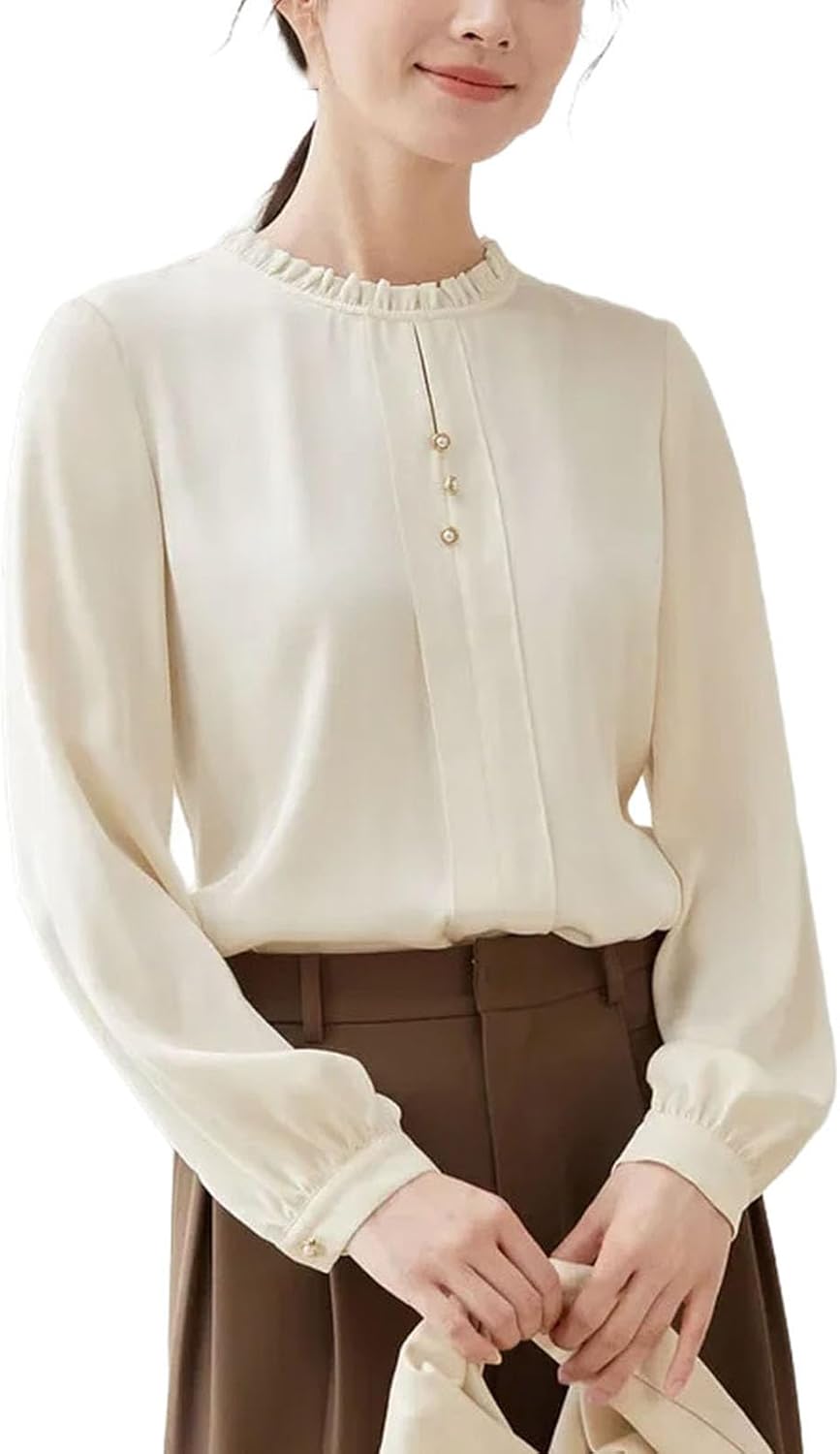 Women's Chiffon Blouse Spring Fashion Ruffled O Neck Long Sleeve Top Womans Clothes