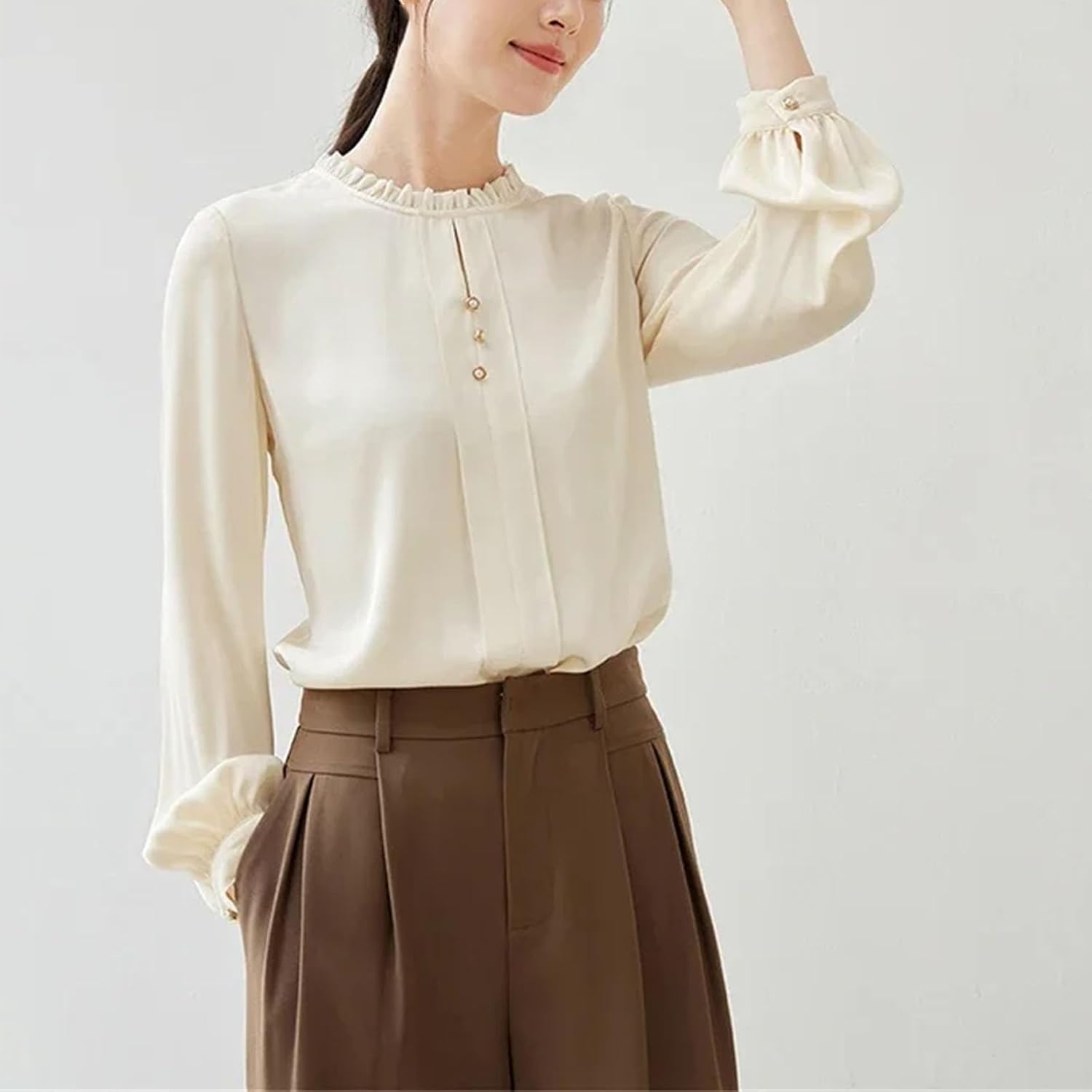 Women's Chiffon Blouse Spring Fashion Ruffled O Neck Long Sleeve Top Womans Clothes - Image 2