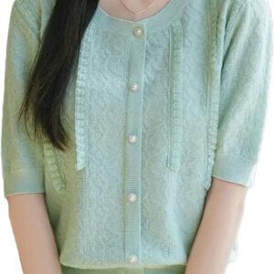 Women's Elegant Lady Short Sleeve Knitted T-Shirt Thin Design Lace Edge Fashionable Women s Clothing Crew Neck Top