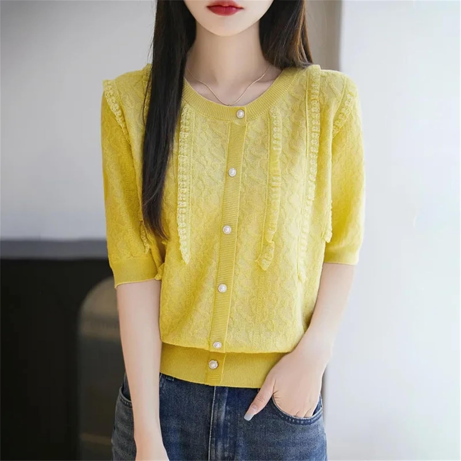 Women's Elegant Lady Short Sleeve Knitted T-Shirt Thin Design Lace Edge Fashionable Women s Clothing Crew Neck Top - Image 2