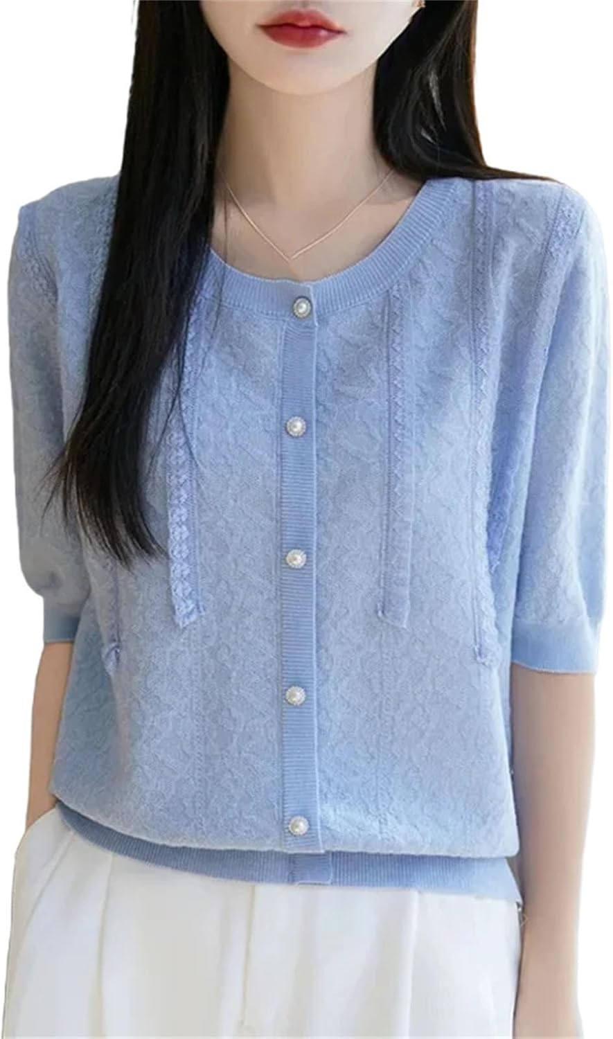 Women's Elegant Lady Short Sleeve Knitted T-Shirt Thin Design Lace Edge Fashionable Women s Clothing Crew Neck Top - Image 8