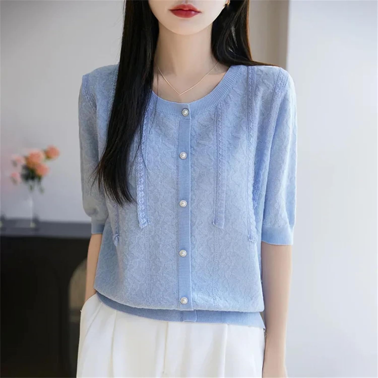 Women's Elegant Lady Short Sleeve Knitted T-Shirt Thin Design Lace Edge Fashionable Women s Clothing Crew Neck Top - Image 4