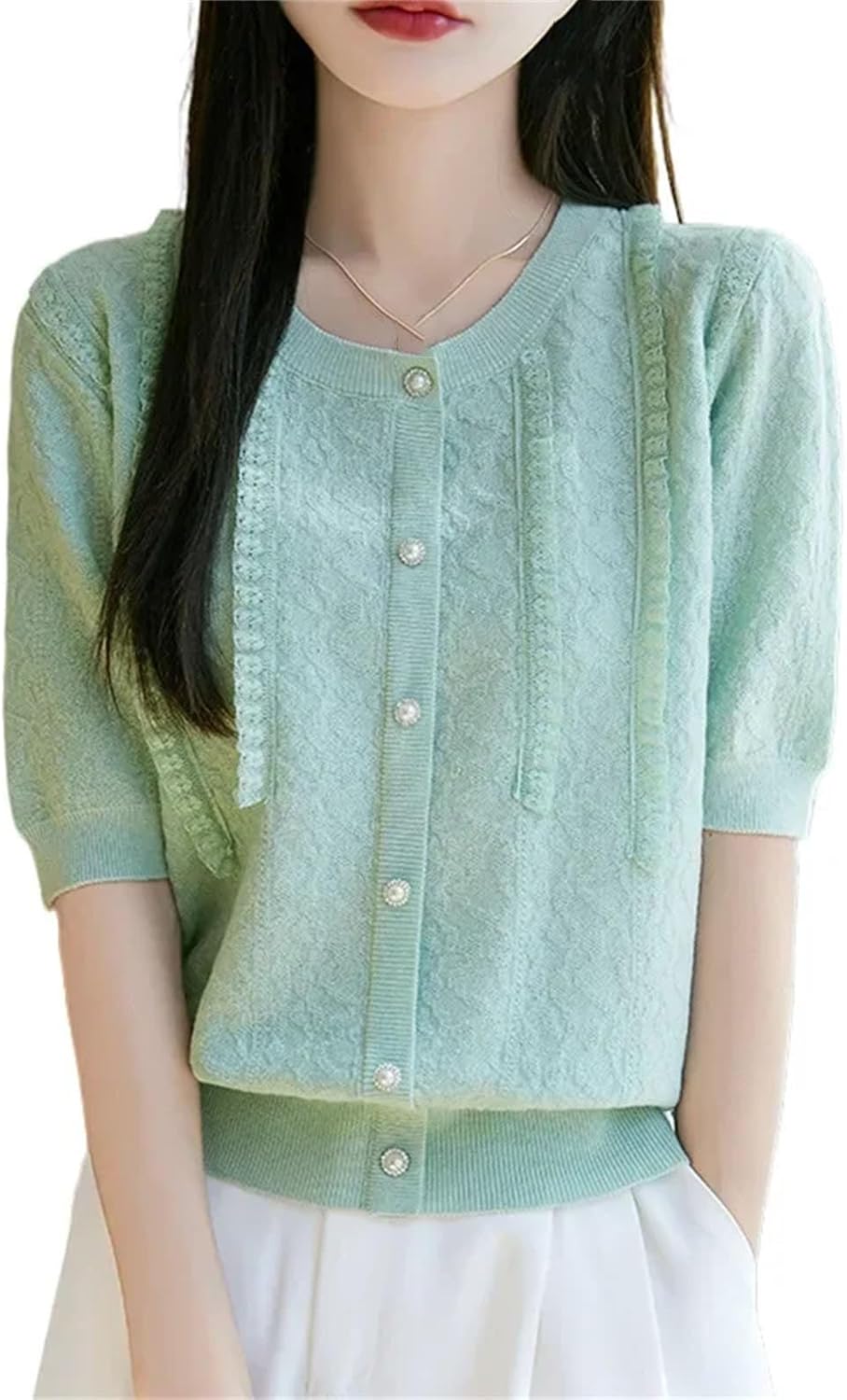 Women's Elegant Lady Short Sleeve Knitted T-Shirt Thin Design Lace Edge Fashionable Women s Clothing Crew Neck Top - Image 6