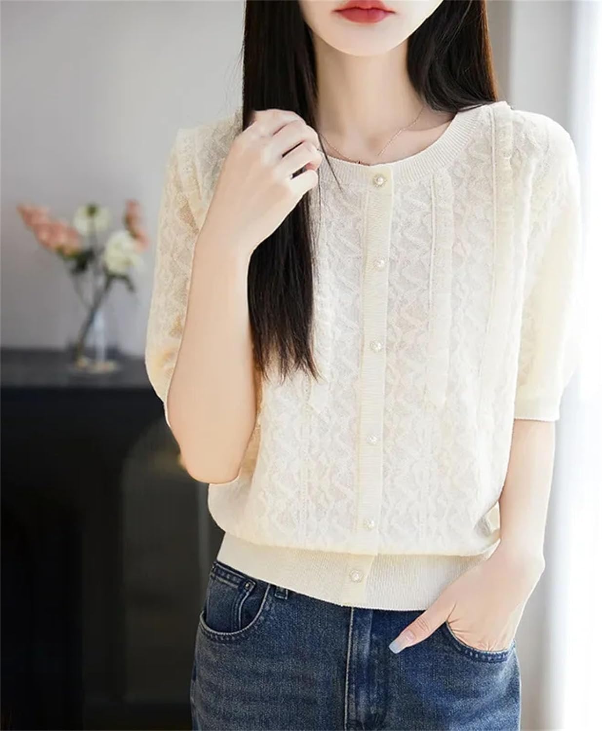 Women's Elegant Lady Short Sleeve Knitted T-Shirt Thin Design Lace Edge Fashionable Women s Clothing Crew Neck Top - Image 5