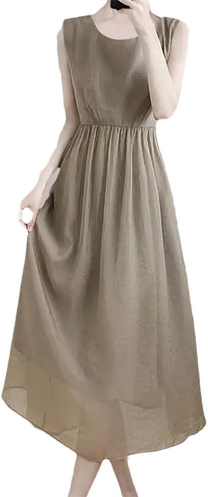 Women's Fashion O-Neck All-Match Dress Solid Sleeveless Clothing Summer Loose Office Lady Dress