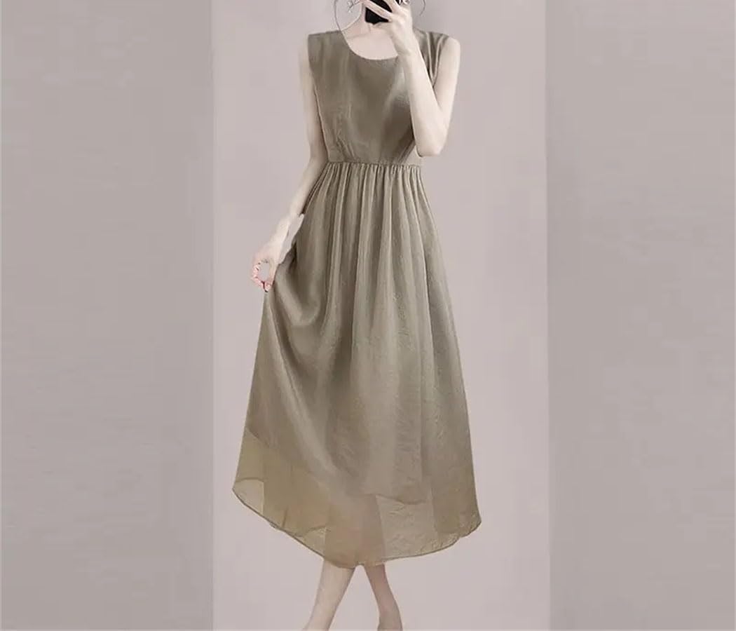 Women's Fashion O-Neck All-Match Dress Solid Sleeveless Clothing Summer Loose Office Lady Dress - Image 5