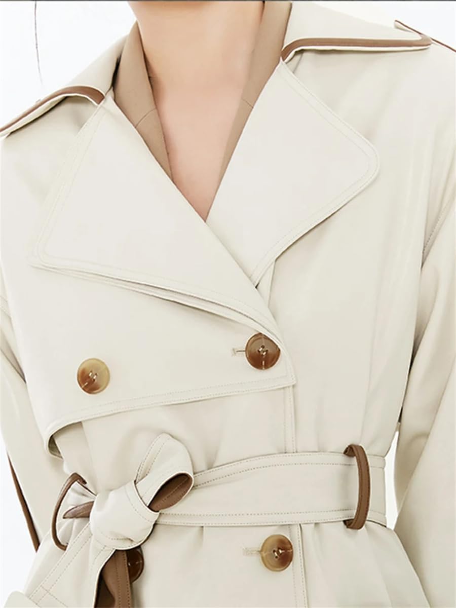 Women's Long Color Block PU Leather Trench Coat Waistband Pockets Designer Loose Fashion Luxury Clothing - Image 6