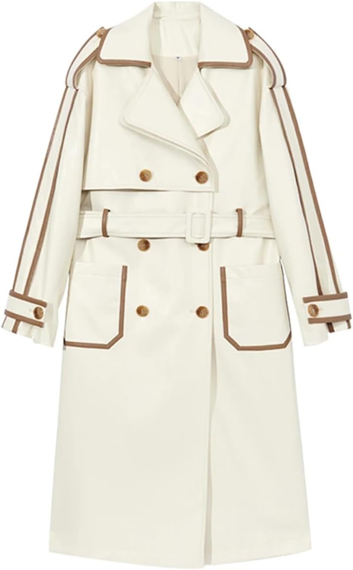 Women's Long Color Block PU Leather Trench Coat Waistband Pockets Designer Loose Fashion Luxury Clothing - Image 4