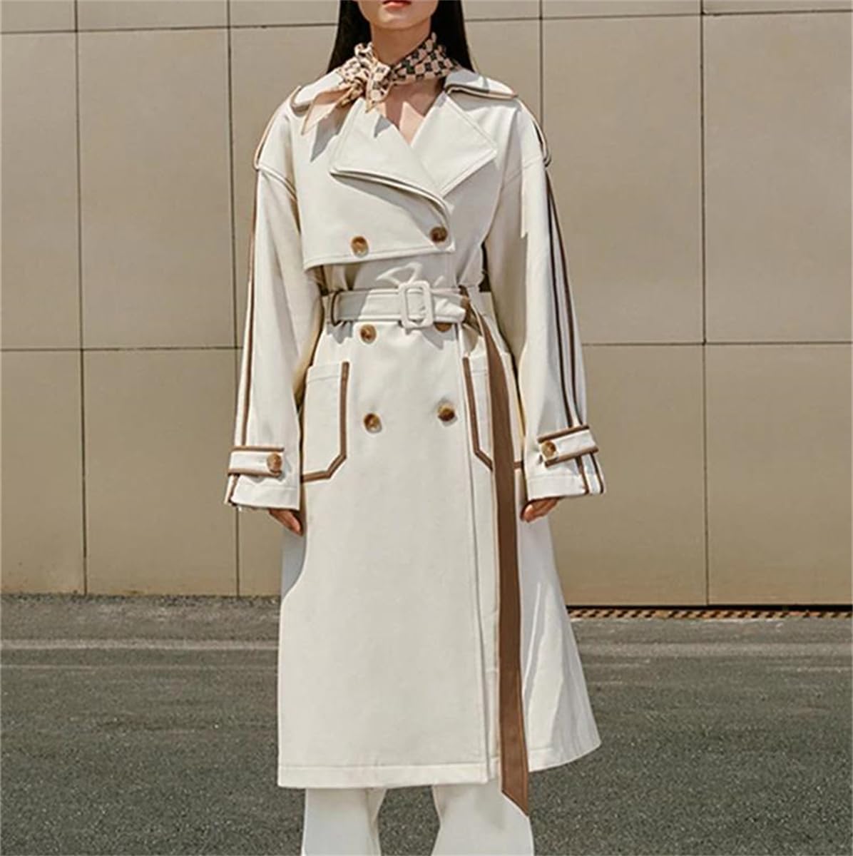 Women's Long Color Block PU Leather Trench Coat Waistband Pockets Designer Loose Fashion Luxury Clothing - Image 2