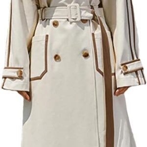 Women's Long Color Block PU Leather Trench Coat Waistband Pockets Designer Loose Fashion Luxury Clothing