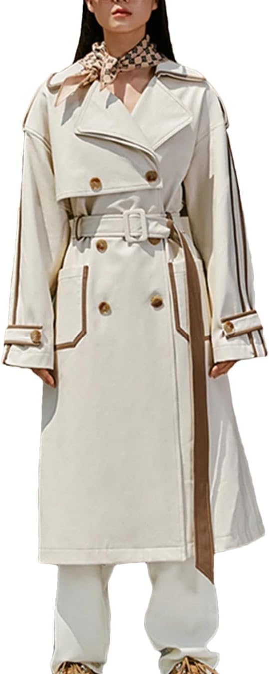 Women's Long Color Block PU Leather Trench Coat Waistband Pockets Designer Loose Fashion Luxury Clothing
