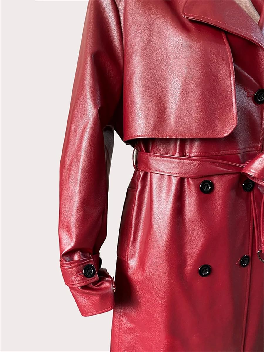 Women's Long Waterproof PU Leather Windbreaker Belt Double Breasted Fashion Luxury Clothing - Image 6
