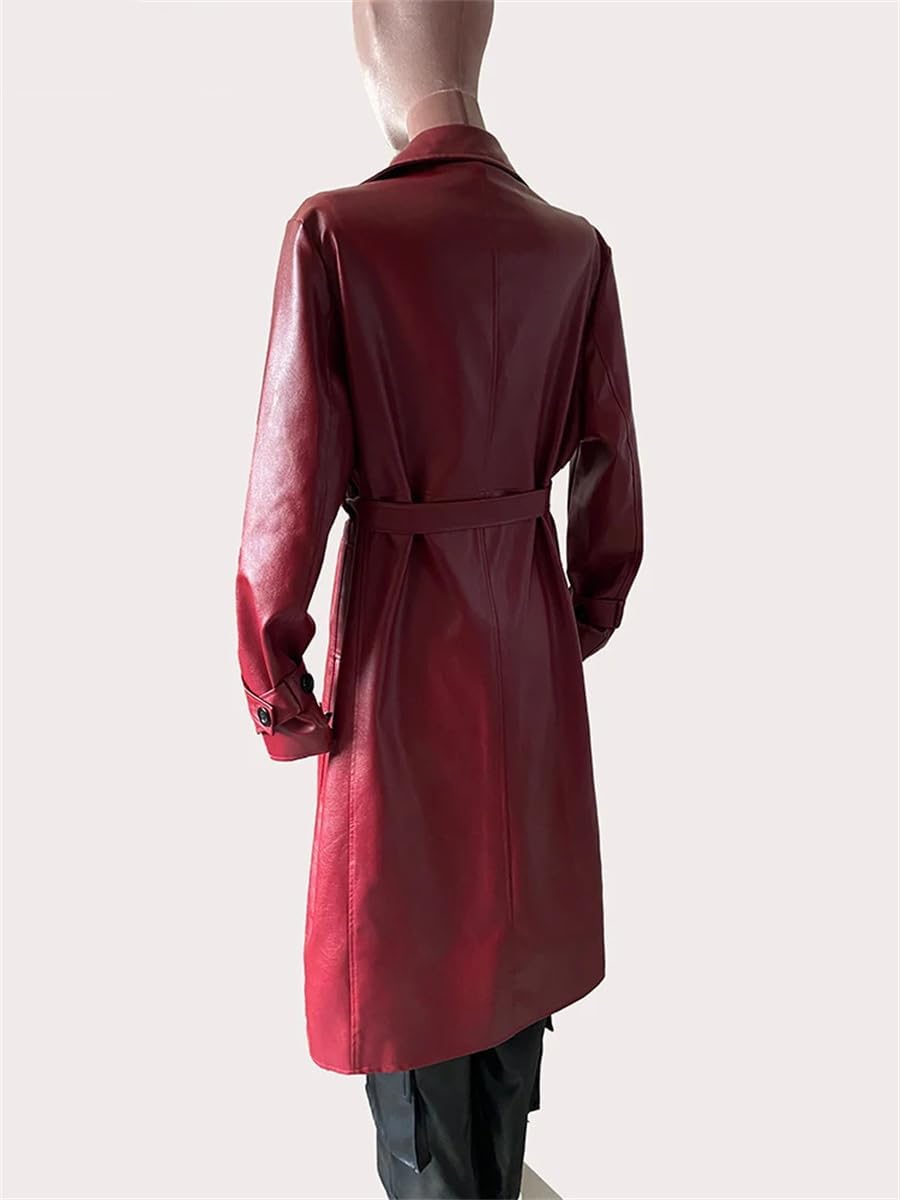 Women's Long Waterproof PU Leather Windbreaker Belt Double Breasted Fashion Luxury Clothing - Image 2