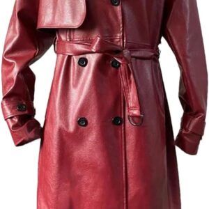 Women's Long Waterproof PU Leather Windbreaker Belt Double Breasted Fashion Luxury Clothing