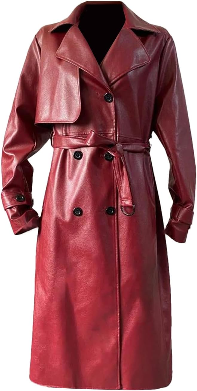 Women's Long Waterproof PU Leather Windbreaker Belt Double Breasted Fashion Luxury Clothing