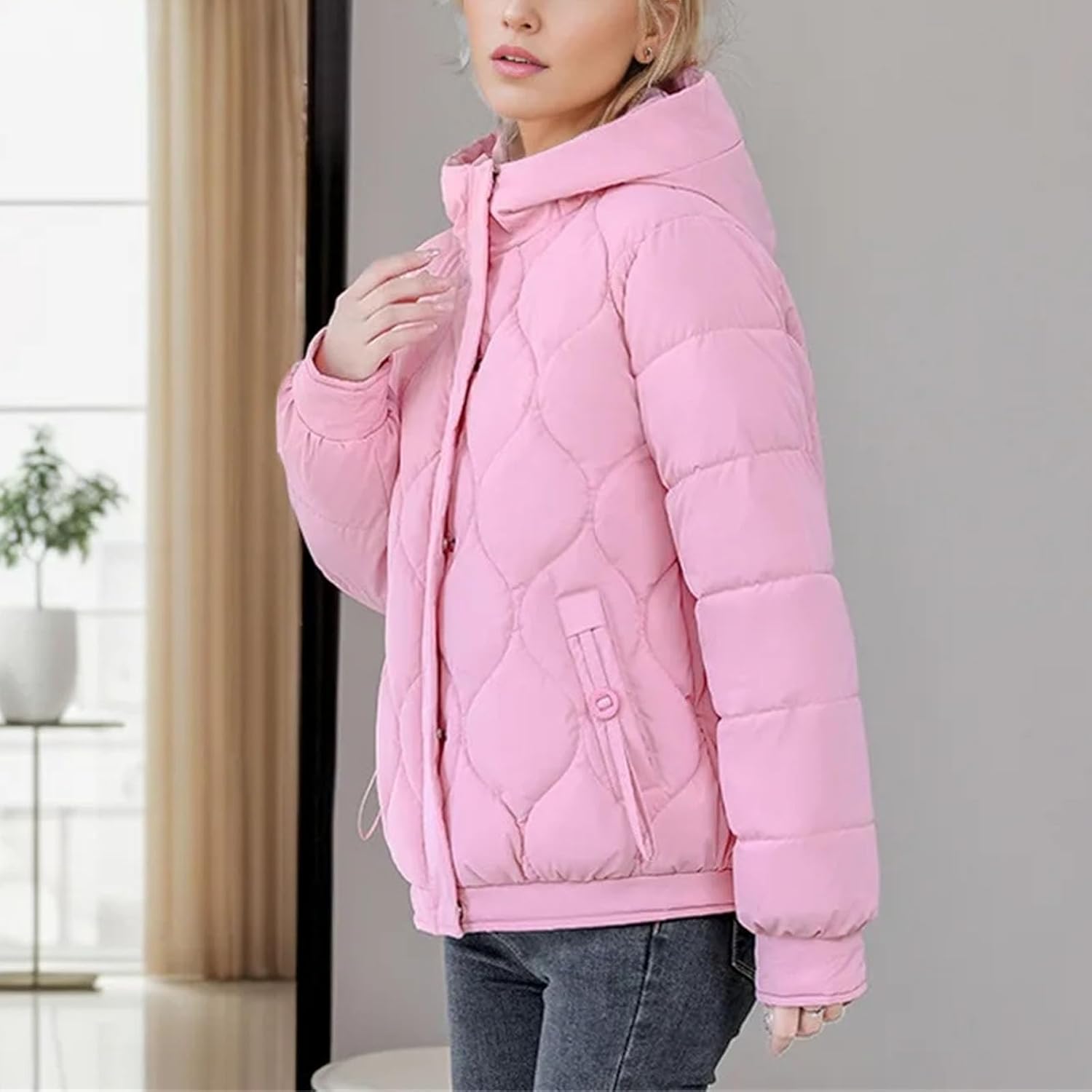 Women's Puffer Jacket Fashionable Padded Clothes Hooded Lattice Thickened Warm Padded Jacket Coat - Image 6
