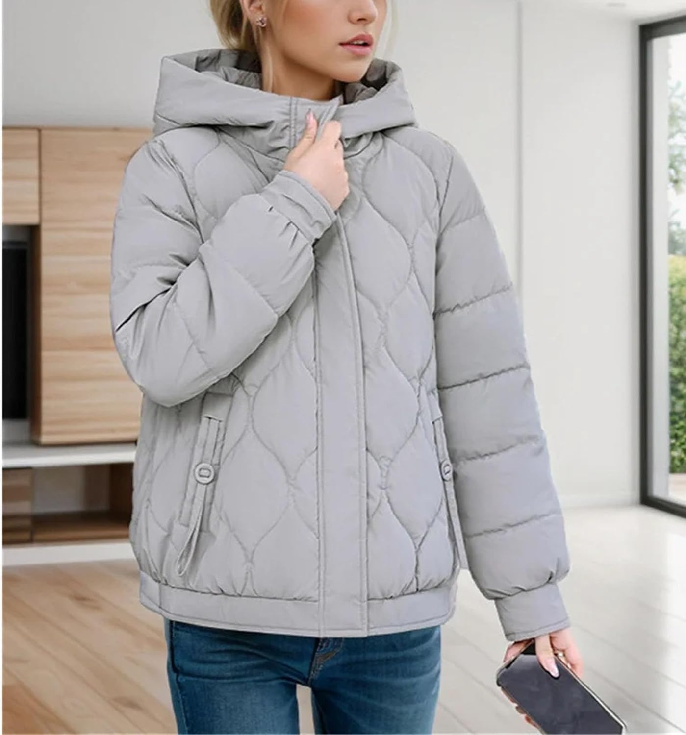 Women's Puffer Jacket Fashionable Padded Clothes Hooded Lattice Thickened Warm Padded Jacket Coat - Image 4