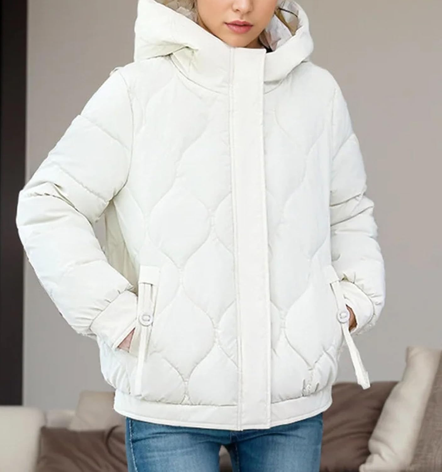 Women's Puffer Jacket Fashionable Padded Clothes Hooded Lattice Thickened Warm Padded Jacket Coat - Image 2