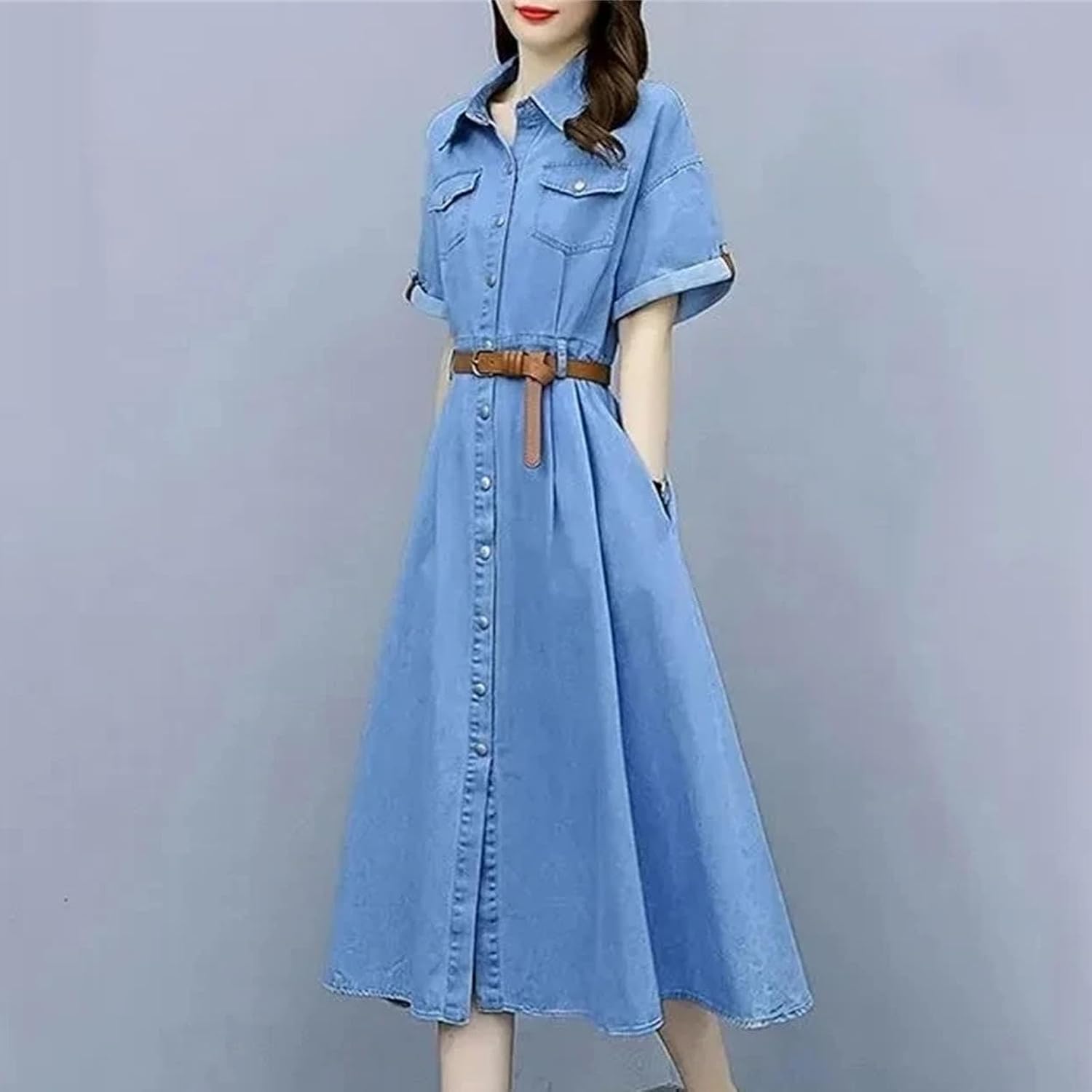 Women's Vintage Denim Shirt Dress Fashion Slim Short Sleeve A-line Dress with Belt Casual Clothing - Image 3