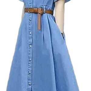 Women's Vintage Denim Shirt Dress Fashion Slim Short Sleeve A-line Dress with Belt Casual Clothing
