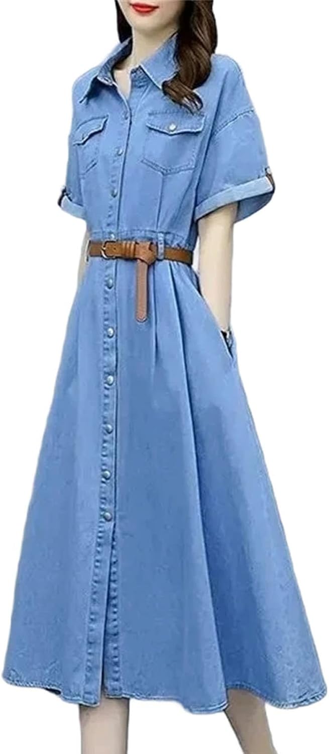 Women's Vintage Denim Shirt Dress Fashion Slim Short Sleeve A-line Dress with Belt Casual Clothing