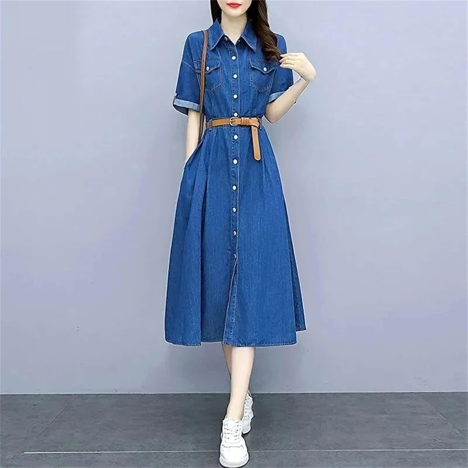 Women's Vintage Denim Shirt Dress Fashion Slim Short Sleeve A-line Dress with Belt Casual Clothing - Image 2