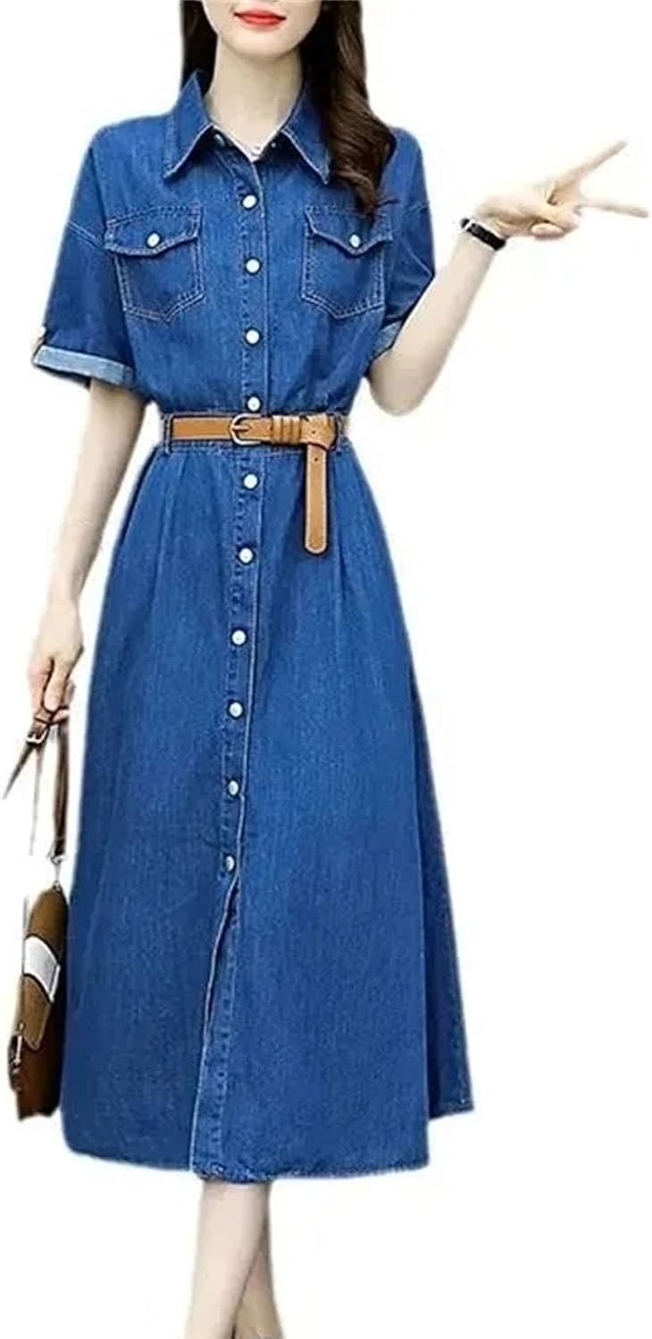 Women's Vintage Denim Shirt Dress Fashion Slim Short Sleeve A-line Dress with Belt Casual Clothing - Image 4