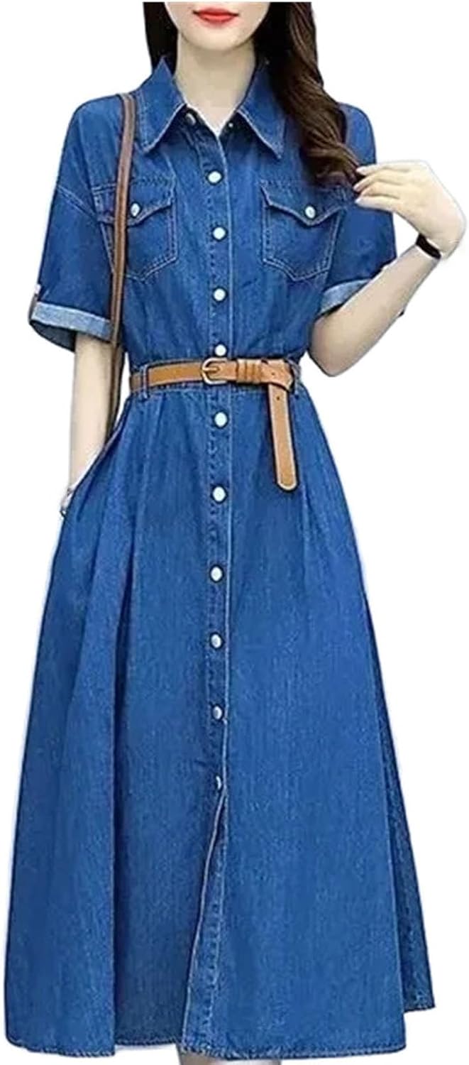 Women's Vintage Denim Shirt Dress Fashion Slim Short Sleeve A-line Dress with Belt Casual Clothing - Image 7